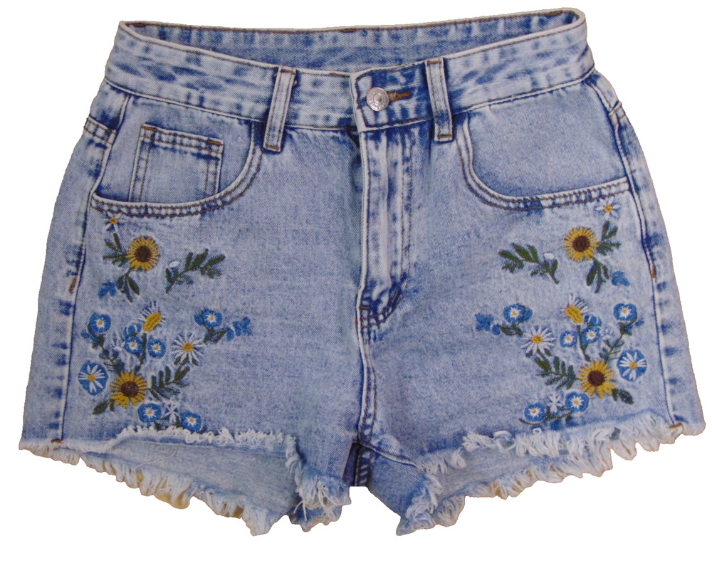 Floral Embroidered Denim Cutoff Shorts Womens 26 High Rise Acid Wash Sunflower